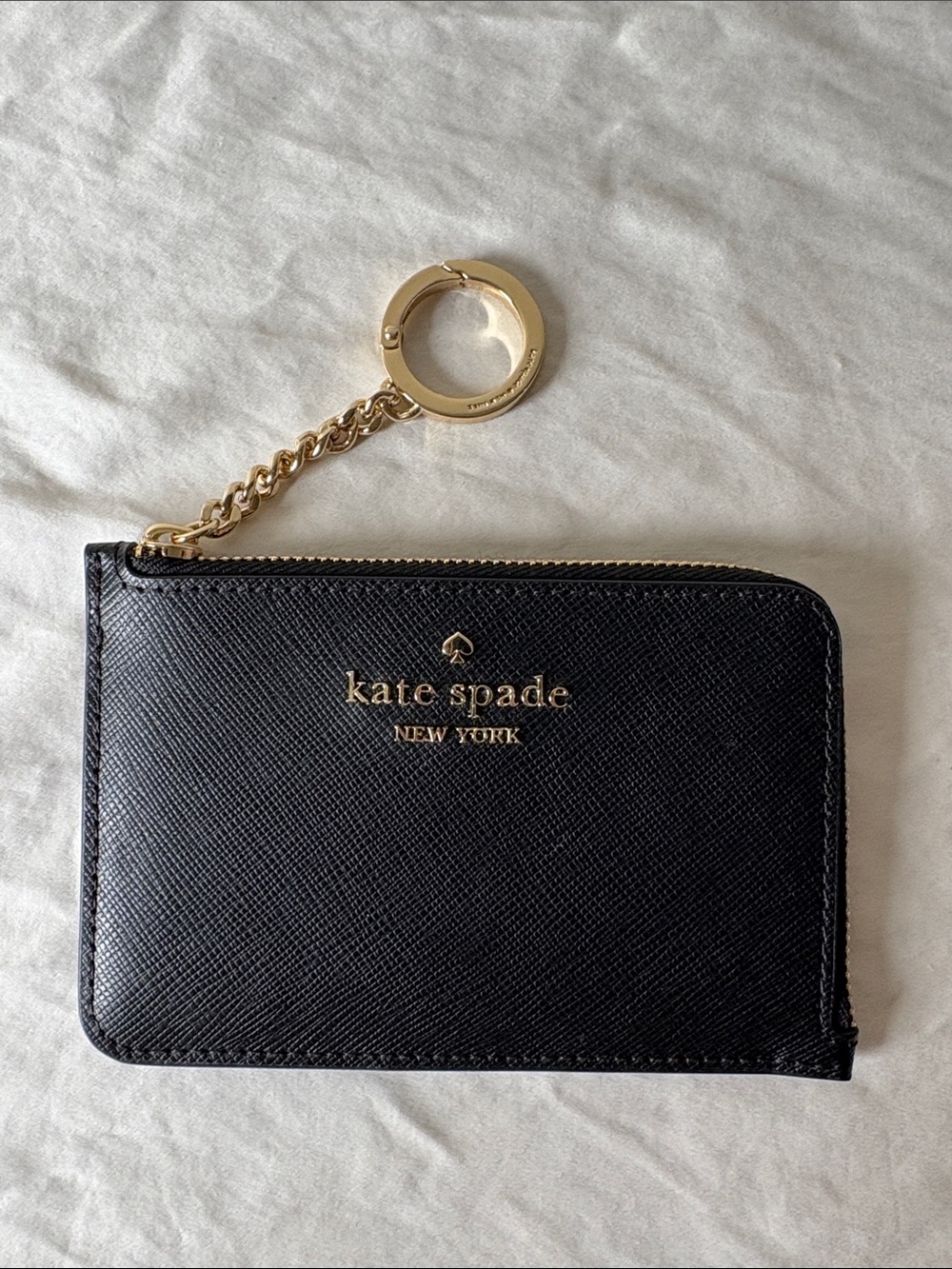 NWOT Kate Spade Black Leather Zip Card Holder with Gold Keyring